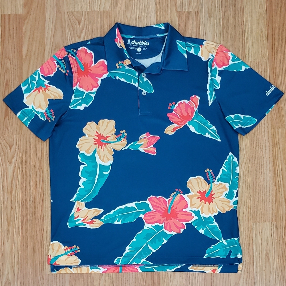 NWT Chubbies tropical performance polo shirt floral reef blue short sleeve golf
